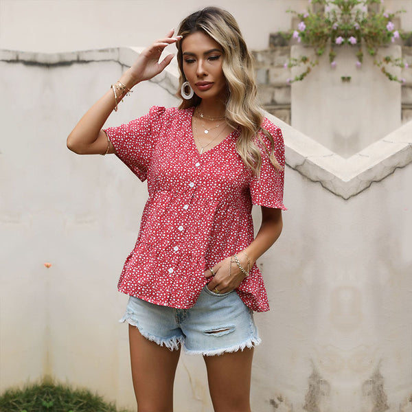 Floral Print V-Neck Peplum Blouse with Button Front