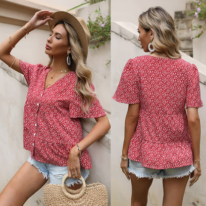 Floral Print V-Neck Peplum Blouse with Button Front