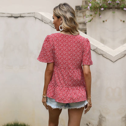 Floral Print V-Neck Peplum Blouse with Button Front