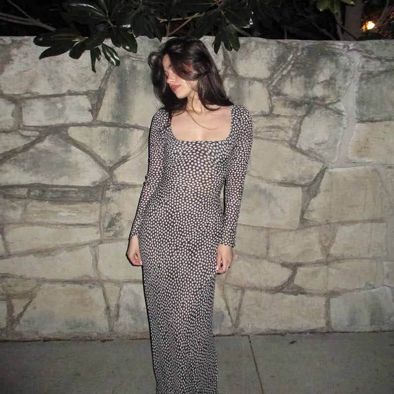 Polka Dot Bodycon Maxi Dress with Square Neck and Long Sleeves
