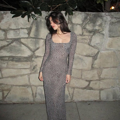 Polka Dot Bodycon Maxi Dress with Square Neck and Long Sleeves
