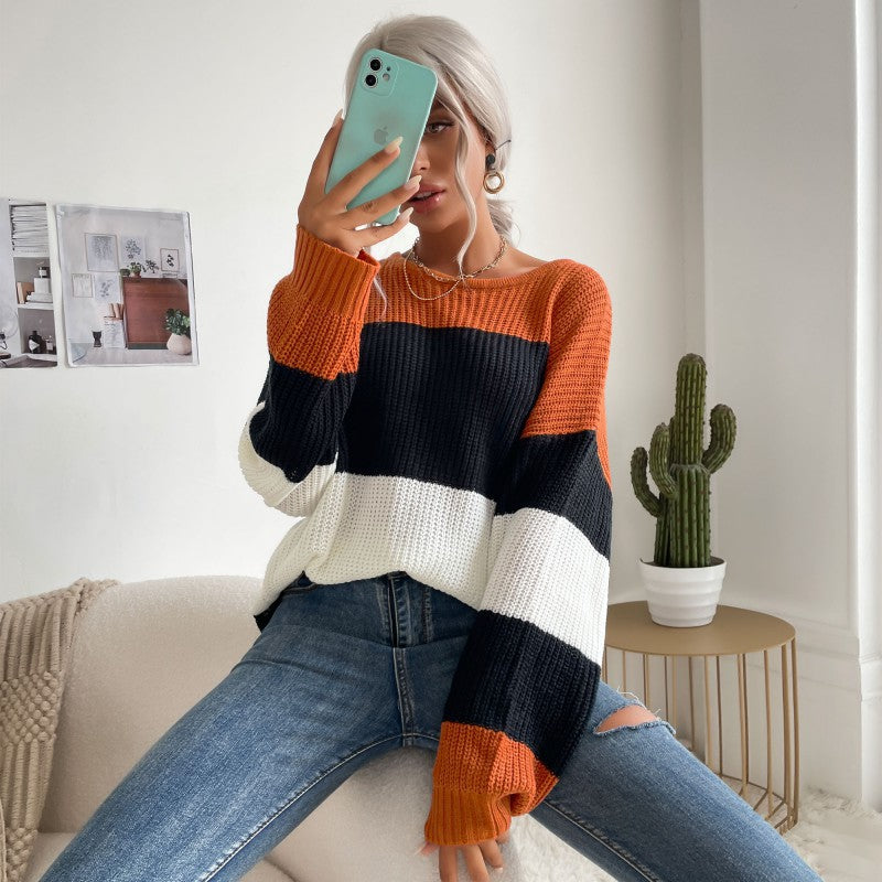 Oversized Color-Block Knit Pullover with Crewneck