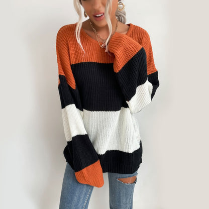 Oversized Color-Block Knit Pullover with Crewneck