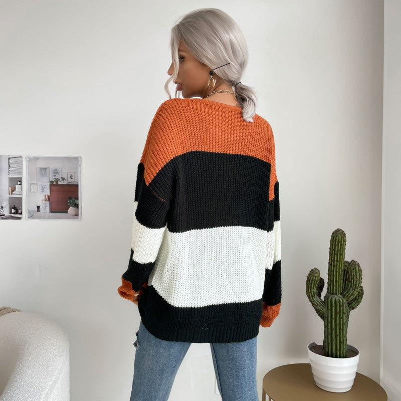 Oversized Color-Block Knit Pullover with Crewneck