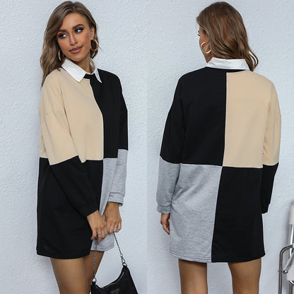 Color-Blocked A-Line Sweatshirt Dress with Contrast Collar