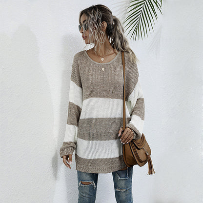 Oversized Striped Color-Blocked Knit Sweater with Crewneck