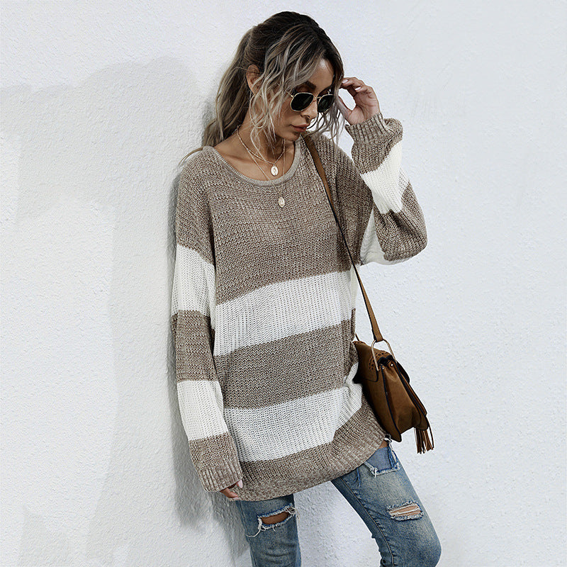 Oversized Striped Color-Blocked Knit Sweater with Crewneck