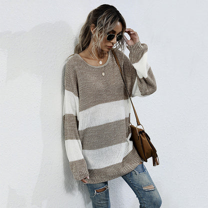 Oversized Striped Color-Blocked Knit Sweater with Crewneck