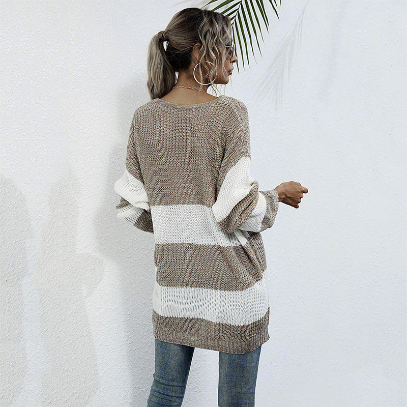 Oversized Striped Color-Blocked Knit Sweater with Crewneck