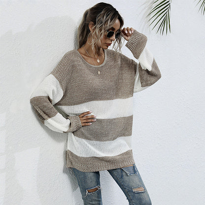 Oversized Striped Color-Blocked Knit Sweater with Crewneck