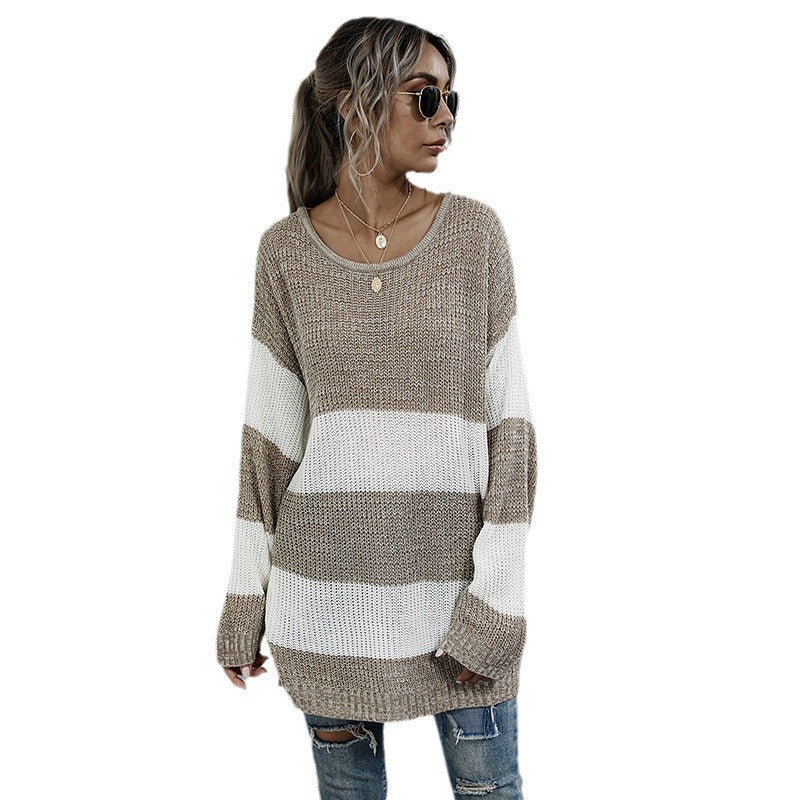 Oversized Striped Color-Blocked Knit Sweater with Crewneck