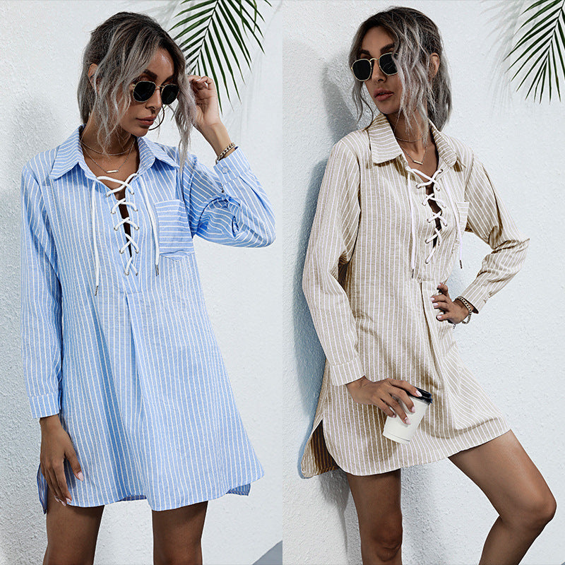 Striped Long-Sleeve Shirt Dress with Lace-Up Detail