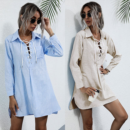 Striped Long-Sleeve Shirt Dress with Lace-Up Detail