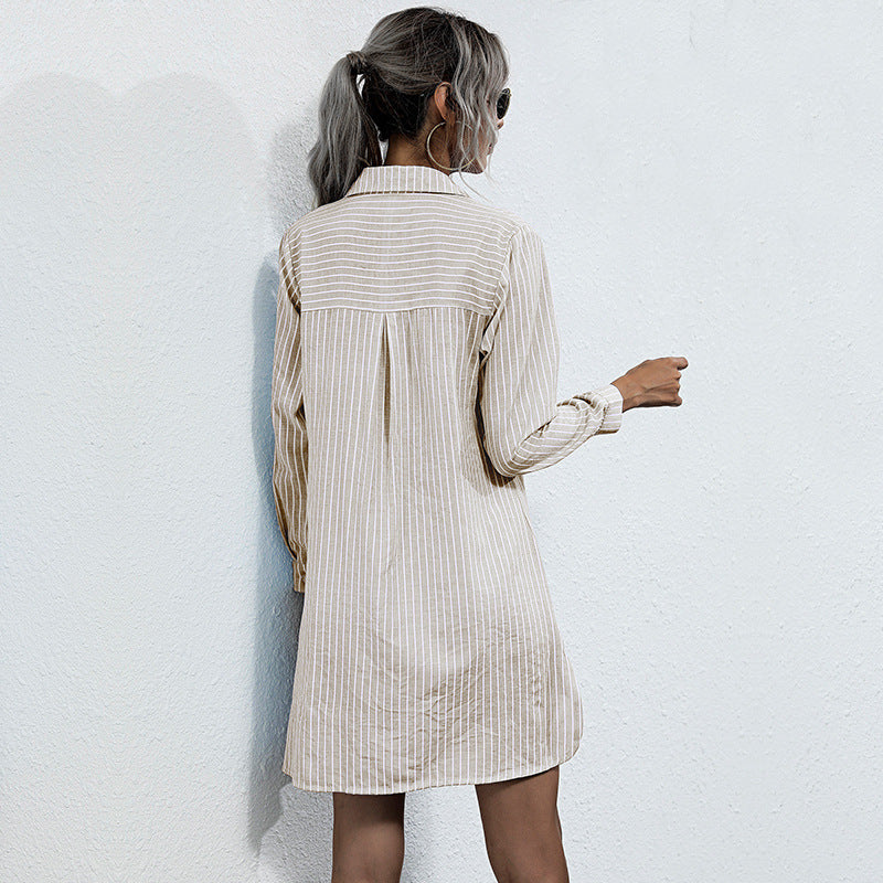 Striped Long-Sleeve Shirt Dress with Lace-Up Detail