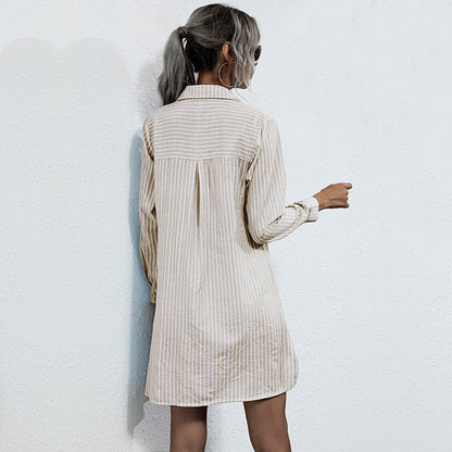 Striped Long-Sleeve Shirt Dress with Lace-Up Detail