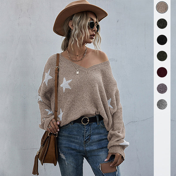 Star Pattern V-Neck Knit Sweater with Batwing Sleeves