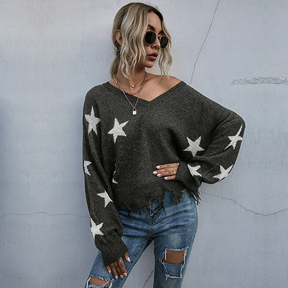 Star Pattern V-Neck Knit Sweater with Batwing Sleeves