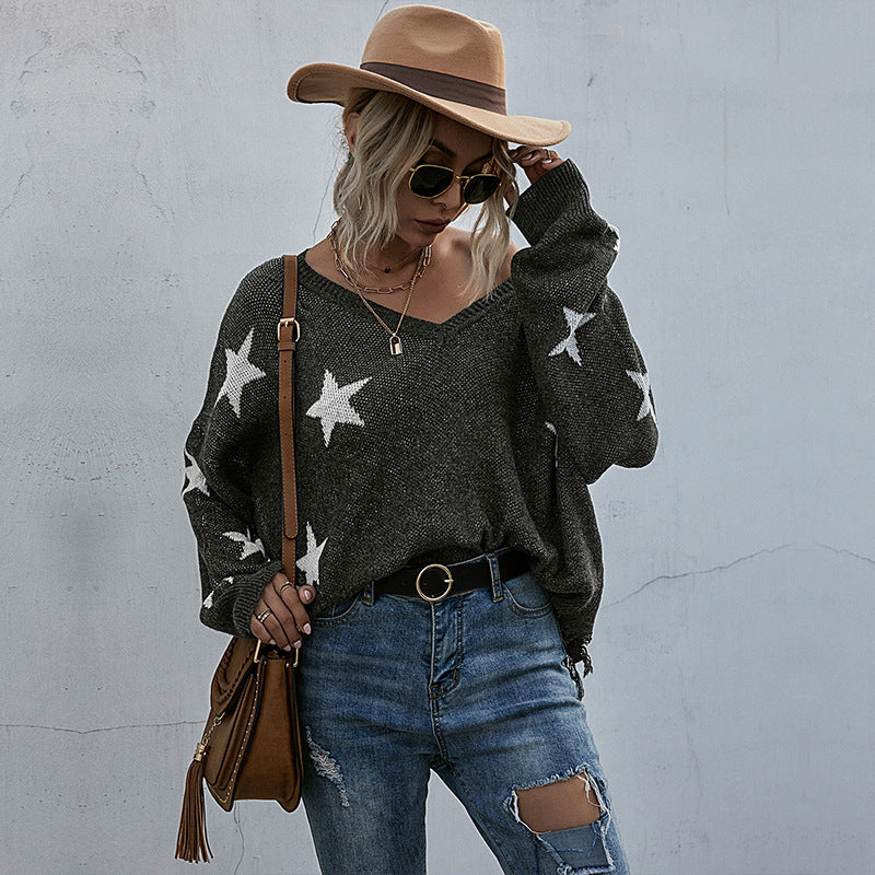 Star Pattern V-Neck Knit Sweater with Batwing Sleeves