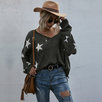 Star Pattern V-Neck Knit Sweater with Batwing Sleeves
