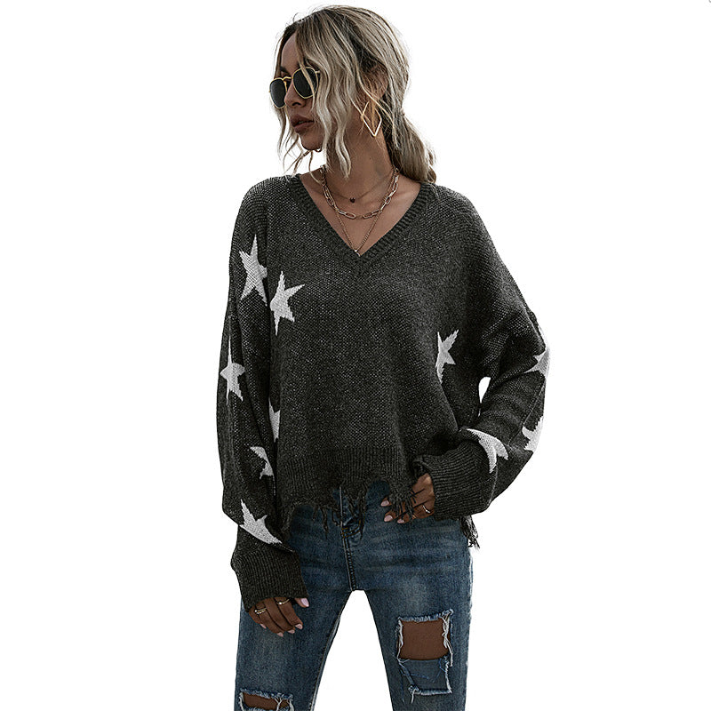 Star Pattern V-Neck Knit Sweater with Batwing Sleeves