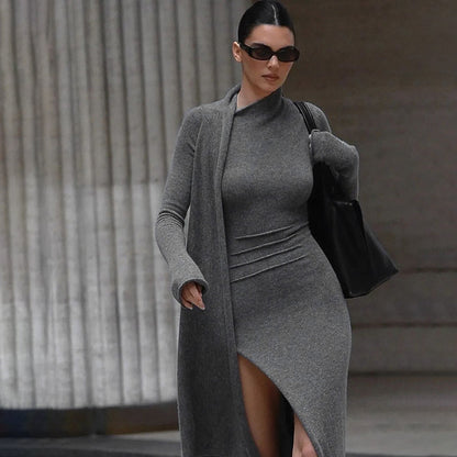 Bodycon Knit Maxi Dress with High Slit and Half Turtleneck