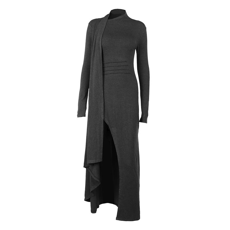 Bodycon Knit Maxi Dress with High Slit and Half Turtleneck