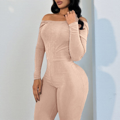 Bodycon Long-Sleeve Jumpsuit with Ruched Back and Flared Leg