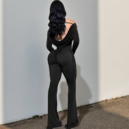 Bodycon Long-Sleeve Jumpsuit with Ruched Back and Flared Leg