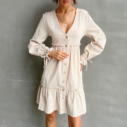 A-Line Button-Front Mini Dress with Ruffled Hem and Tie-Cuffs