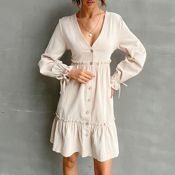 A-Line Button-Front Mini Dress with Ruffled Hem and Tie-Cuffs