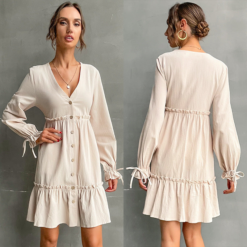 A-Line Button-Front Mini Dress with Ruffled Hem and Tie-Cuffs