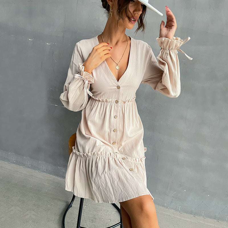 A-Line Button-Front Mini Dress with Ruffled Hem and Tie-Cuffs