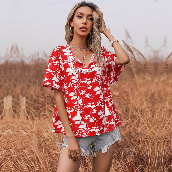 Floral Print Loose Blouse with Lace Trim and Tassel Ties