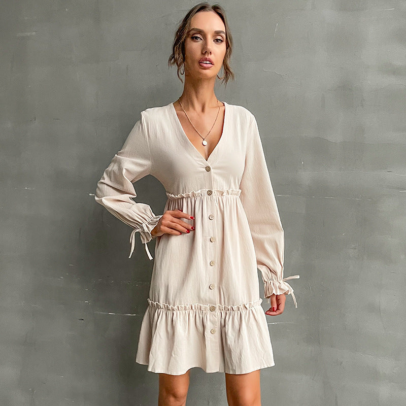 A-Line Button-Front Mini Dress with Ruffled Hem and Tie-Cuffs