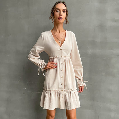 A-Line Button-Front Mini Dress with Ruffled Hem and Tie-Cuffs