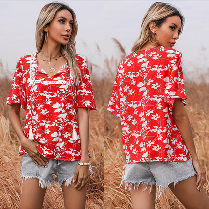 Floral Print Loose Blouse with Lace Trim and Tassel Ties