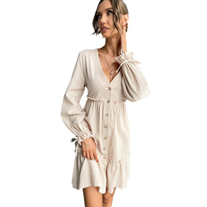 A-Line Button-Front Mini Dress with Ruffled Hem and Tie-Cuffs