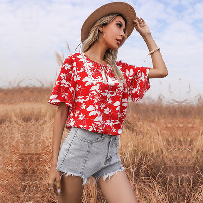 Floral Print Loose Blouse with Lace Trim and Tassel Ties