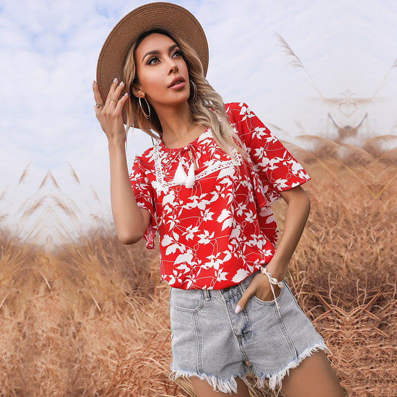 Floral Print Loose Blouse with Lace Trim and Tassel Ties