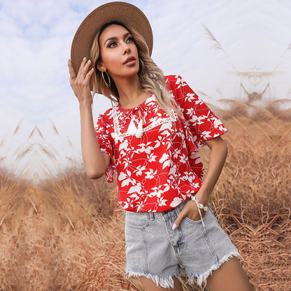 Floral Print Loose Blouse with Lace Trim and Tassel Ties