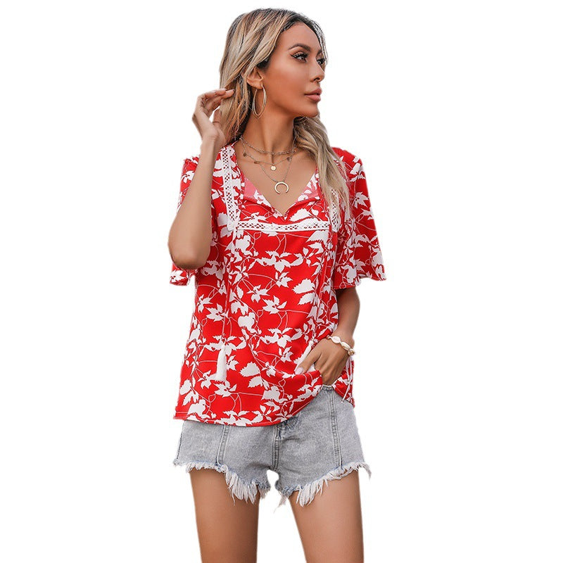 Floral Print Loose Blouse with Lace Trim and Tassel Ties