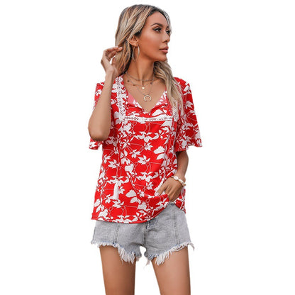 Floral Print Loose Blouse with Lace Trim and Tassel Ties