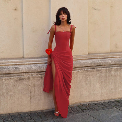Red Corset Maxi Dress with High Slit and Tie Straps