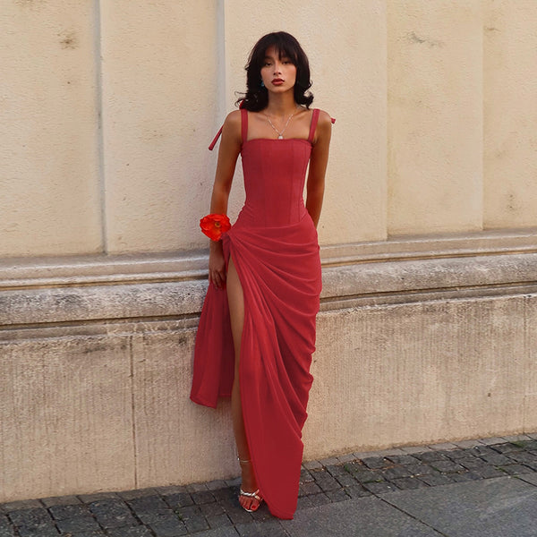 Red Corset Maxi Dress with High Slit and Tie Straps