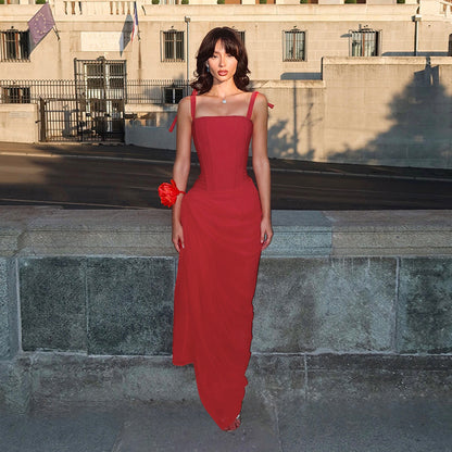 Red Corset Maxi Dress with High Slit and Tie Straps