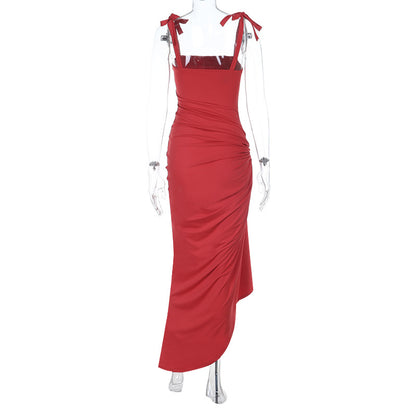 Red Corset Maxi Dress with High Slit and Tie Straps