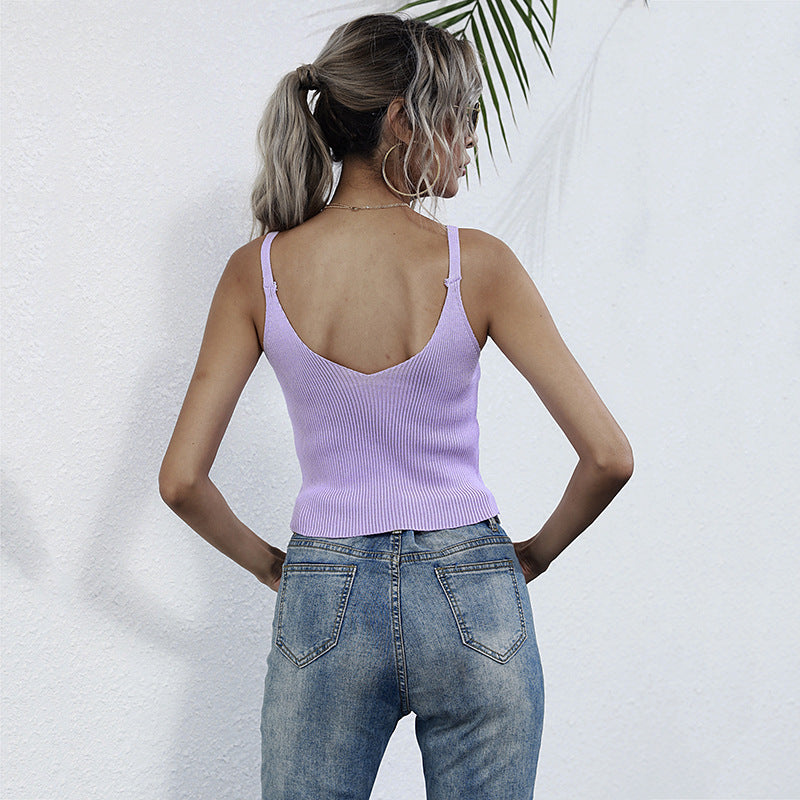 Ribbed Knit Crop Top with Button Front and V-Neck