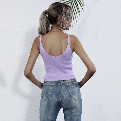 Ribbed Knit Crop Top with Button Front and V-Neck