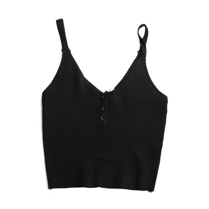 Ribbed Knit Crop Top with Button Front and V-Neck