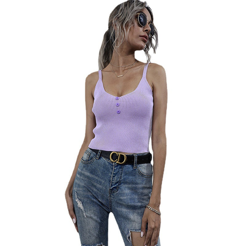 Ribbed Knit Crop Top with Button Front and V-Neck